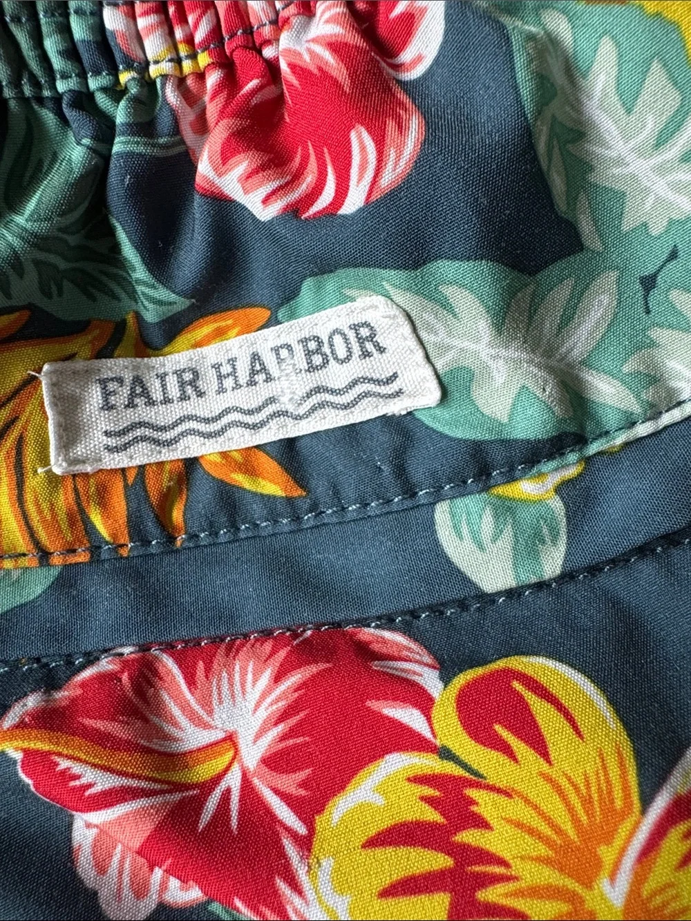 Fair Harbor Blue Swim Trunks with Yellow & Pink Floral Print